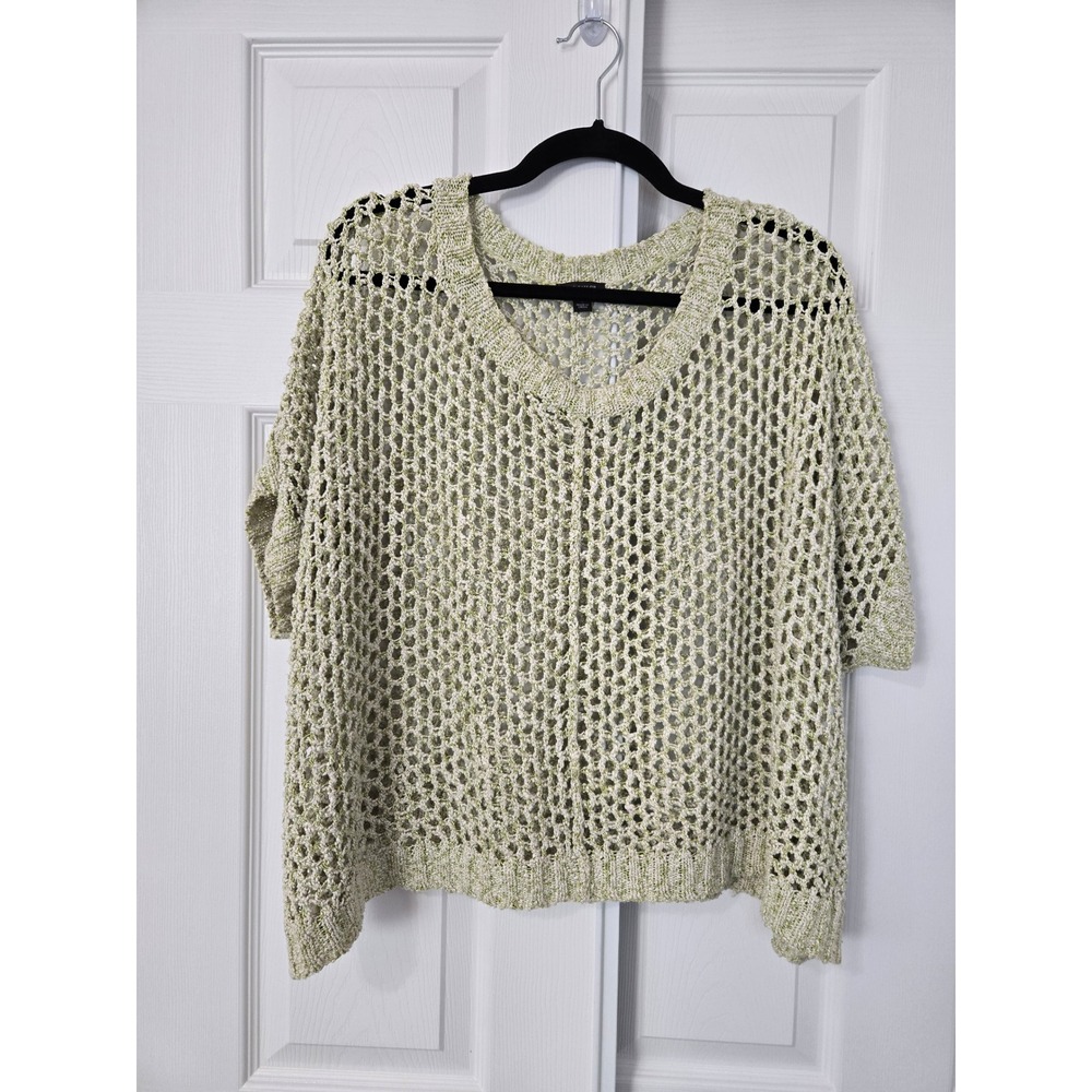 Ann Taylor Green Marled Open Knit Crochet V-Neck Short Sleeve Sweater Top L